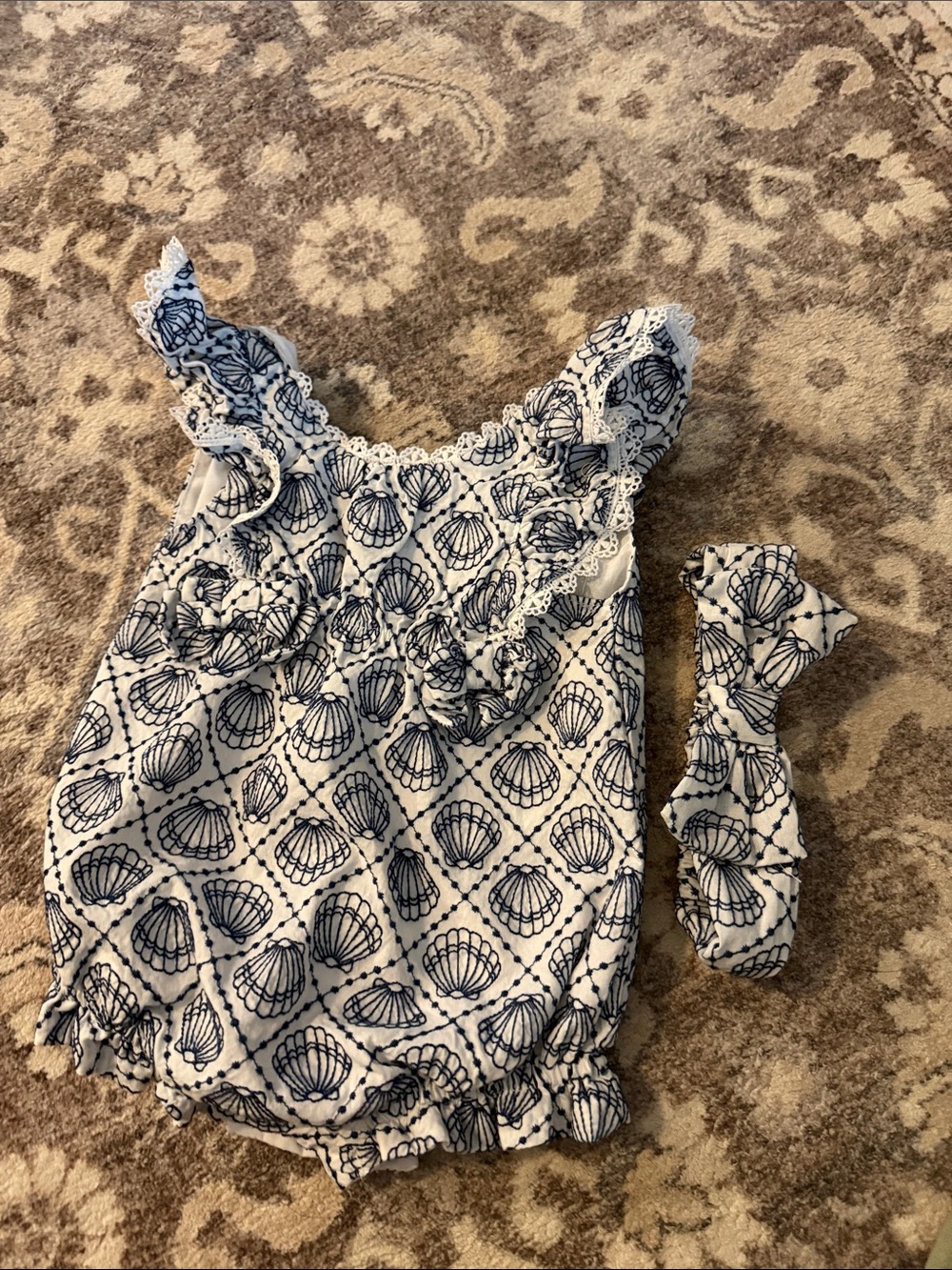Rachel Zoe White and Navy Shell-Print One-Piece Romper